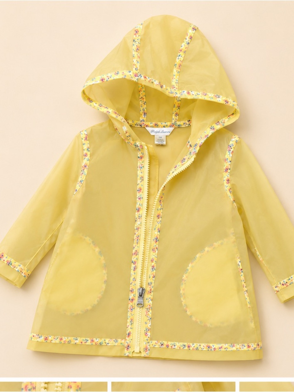 Ralph Lauren Yellow Hooded Kids Raincoat with Floral Trim